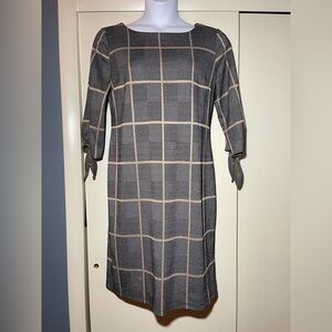 Liz Claiborne Window Pane Plaid Black White & Tan Sheath Dress Size 14